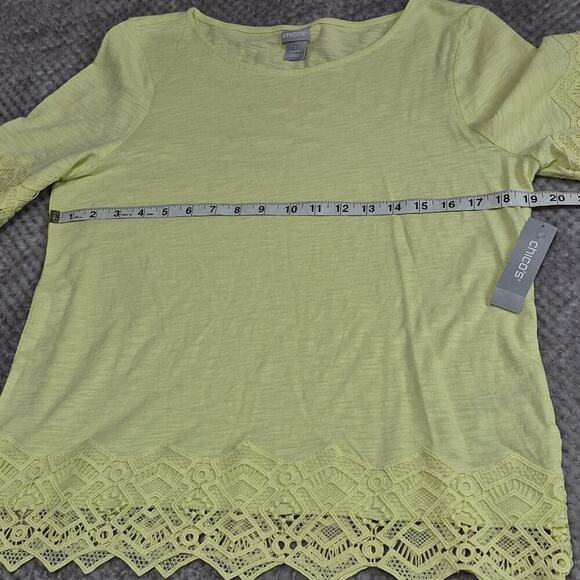 Chico's Cotton Modal Top Womens 2 US Large Slub Lace Hem Tee Lime Knit Casual - Picture 4 of 7